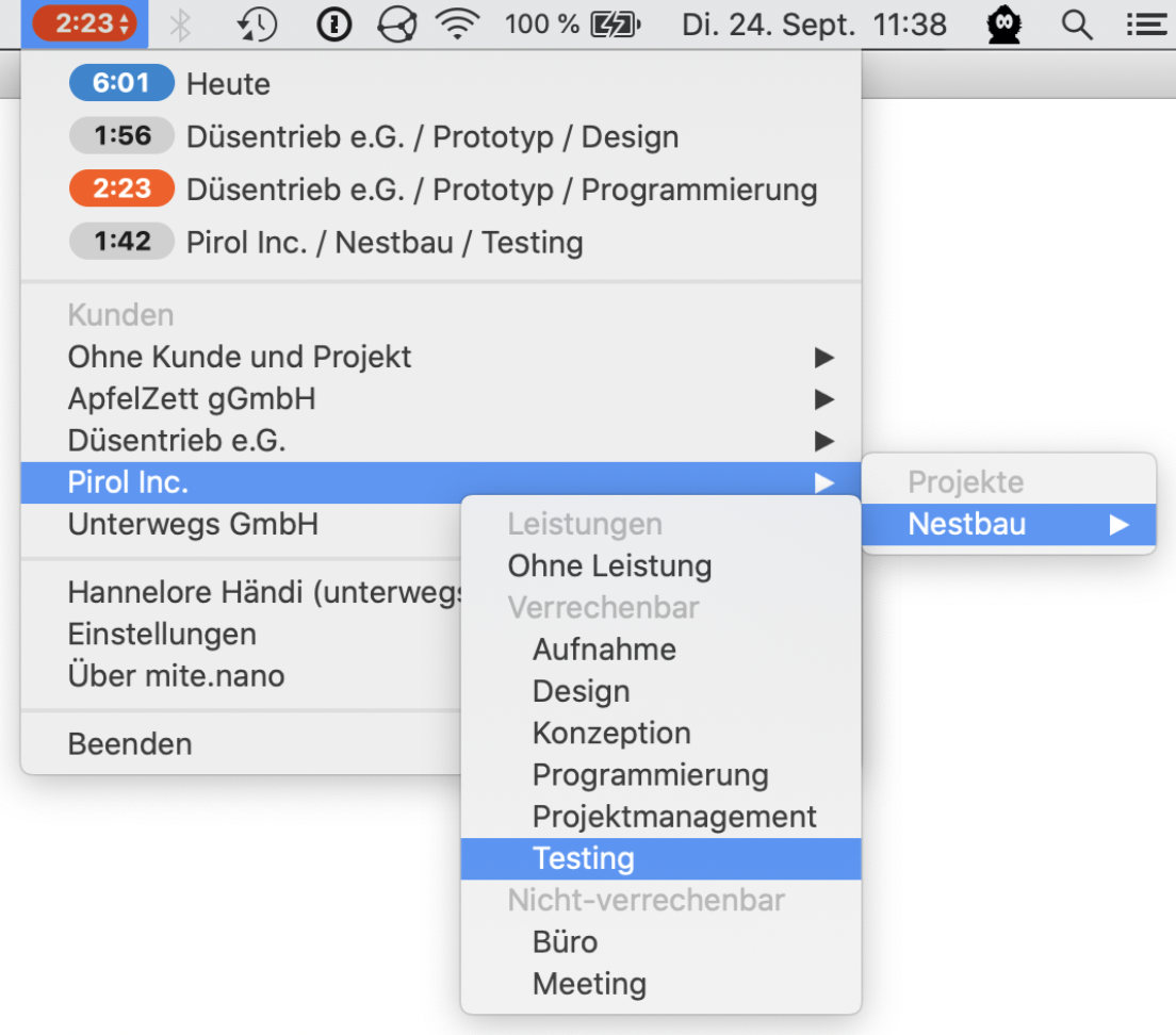 mite.nano 1.1.0 für die Zeiterfassung auf macOS