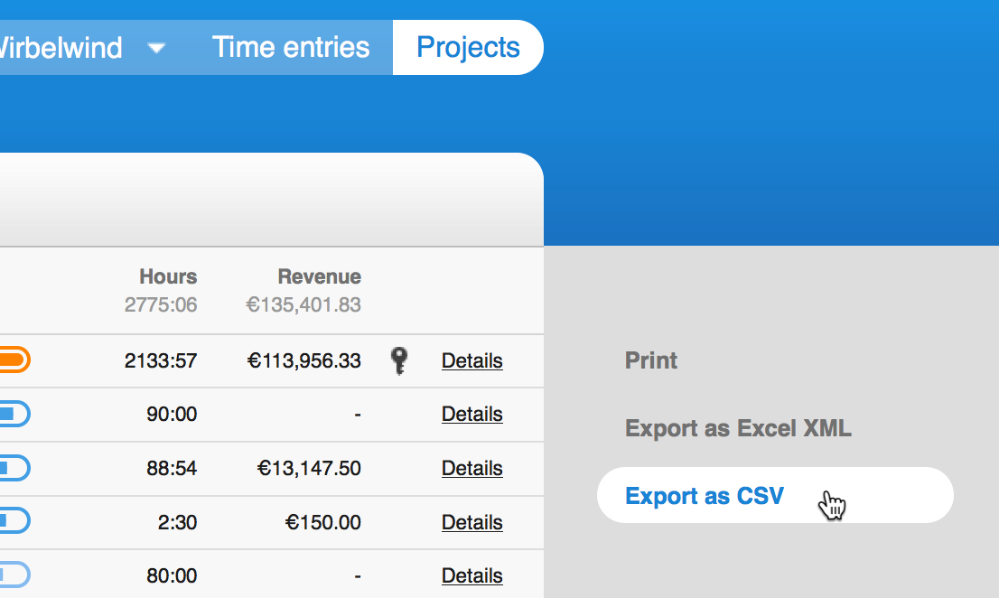 Export projects to Excel oder as a CSV