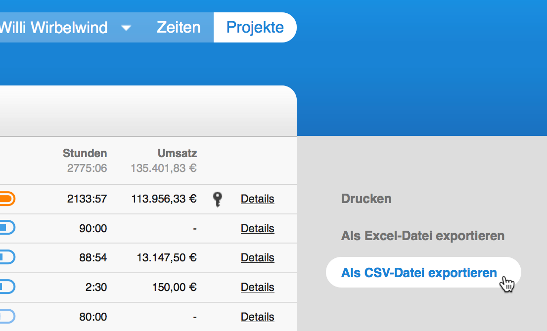 Export von Projekten Richtung Excel oder als CSV