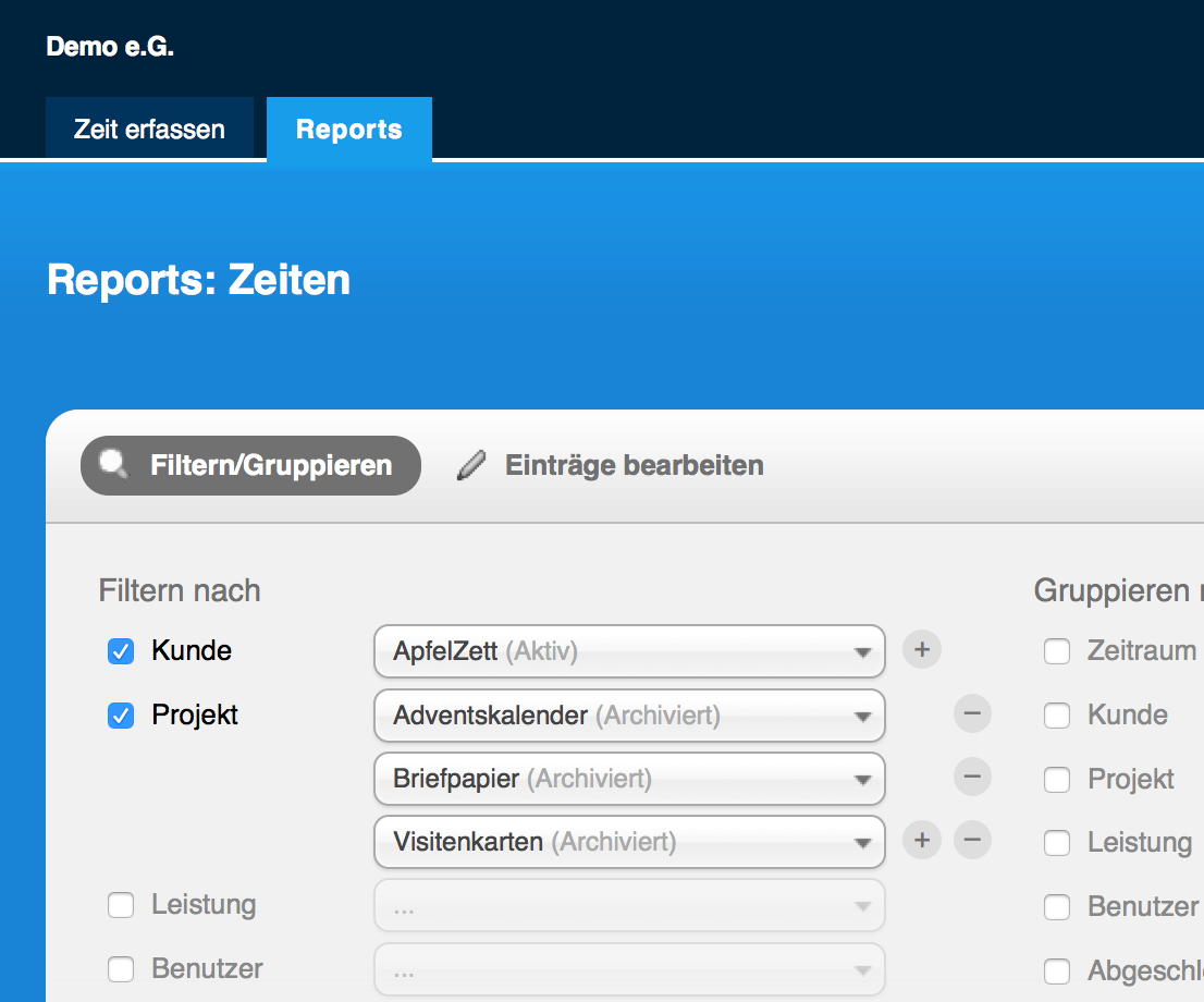 Filter-Mehrfachauswahl unter Reports - Zeiten