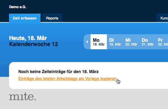 Zeiteinträge des letzten Arbeitstags als Vorlage kopieren