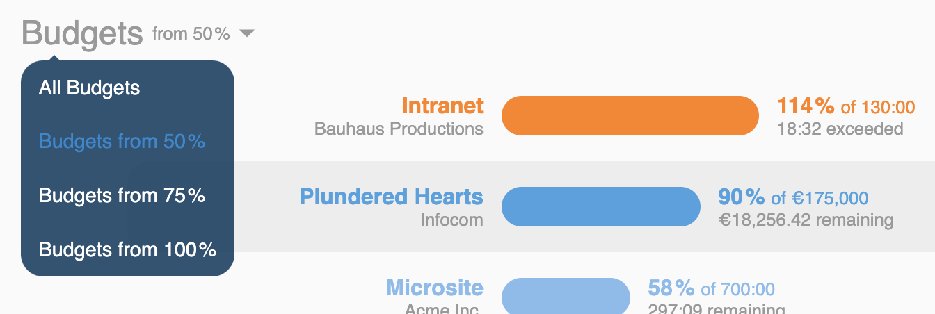 Dashboard reports: Choose which budgets to keep track of