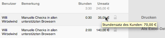 Anzeige des aktiven Stundensatzes für einen Zeiteintrag unter dem Menüpunkt Reports => Zeiten