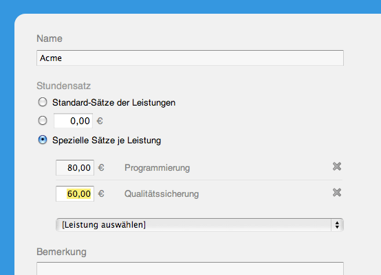 Kundenspezifische Leistungs-Stundensätze