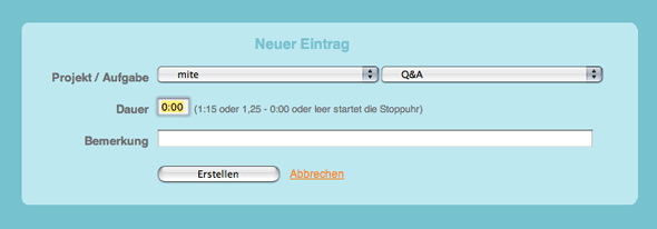 Zeiteintrag mit gestarteter Stoppuhr anlegen